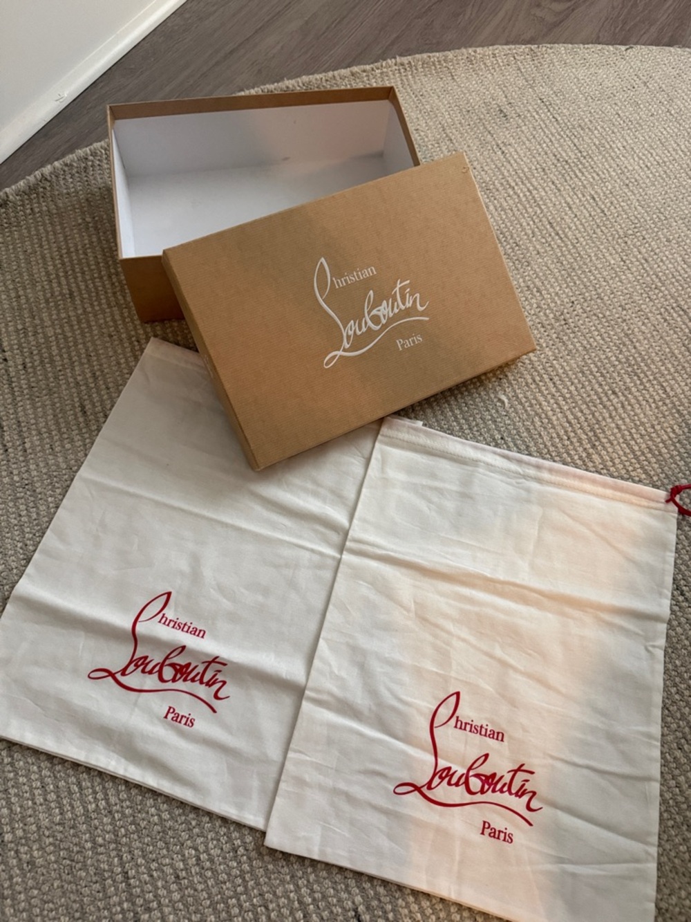 Christian Louboutin White Dust Bags with Red Logo and Tan Box